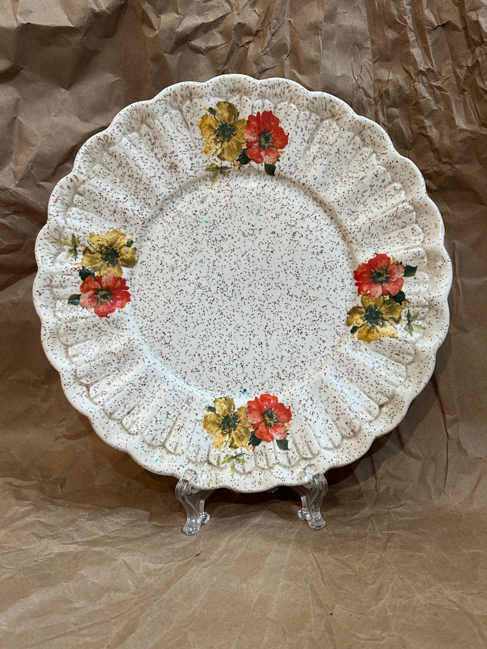 Mid Century California Pottery 10” Scalloped Serving Plate Speckled Brown Glaze